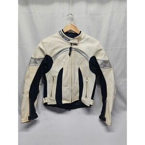 Teknic Womens Leather Motorcycle Racing Jacket White Black Silver Size 6 US